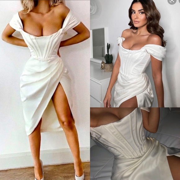 House Of CB Loretta Ivory Satin Strapless Dress white corset midi NWOT size S - Picture 14 of 17